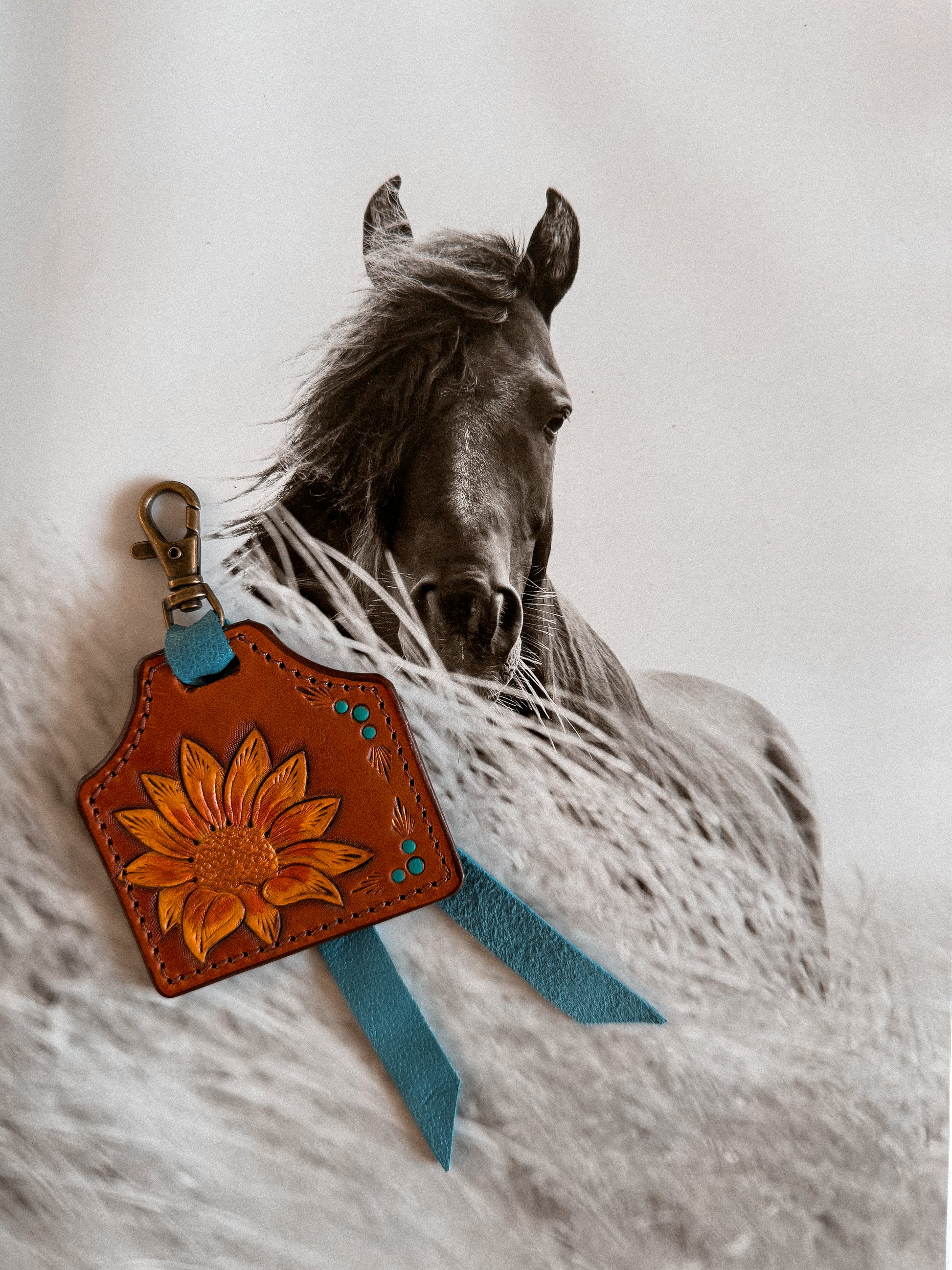 Large Tooled Leather Cattle Tag Keyring / SUNFLOWER