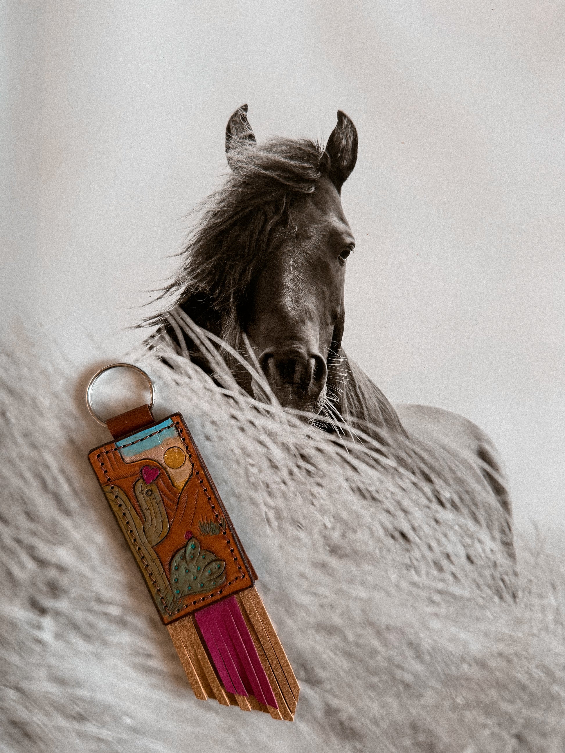 Leather Tooled Key Ring / CACTUS