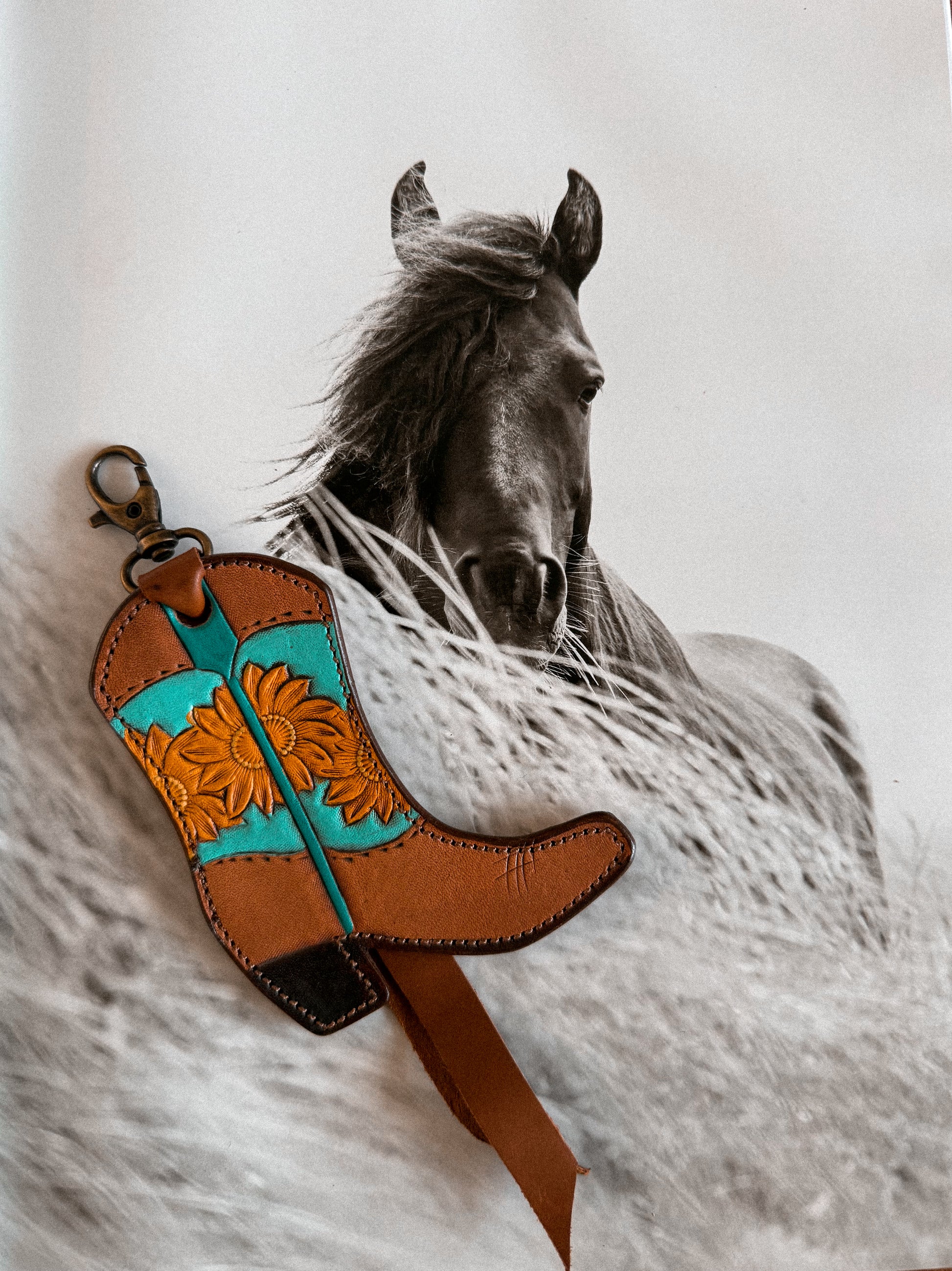 Large Tooled Leather Boot Keyring / TURQUOISE
