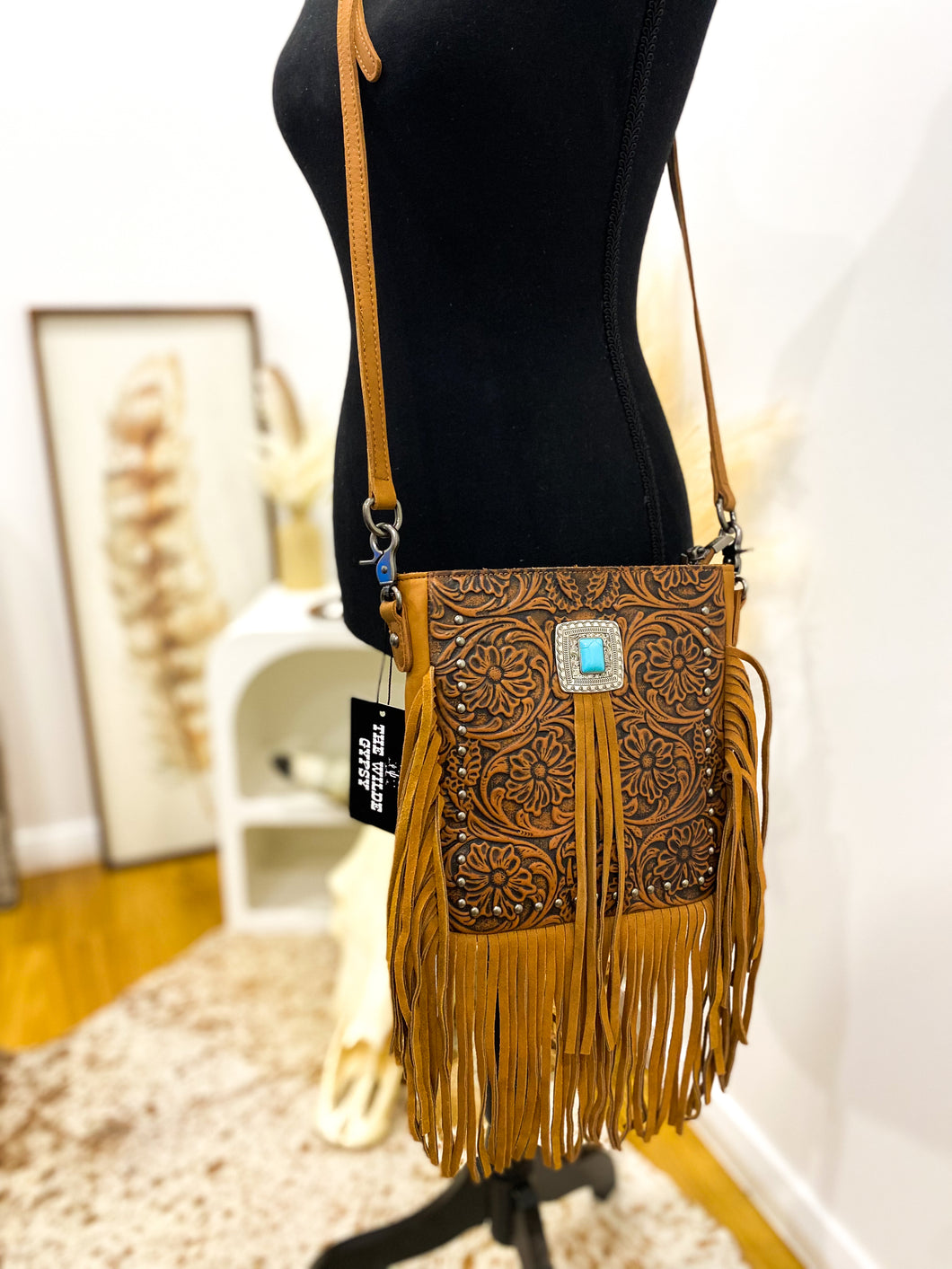 Montana West Genuine Leather Tooled Silver Turquoise Concho Fringe Crossbody / BROWN