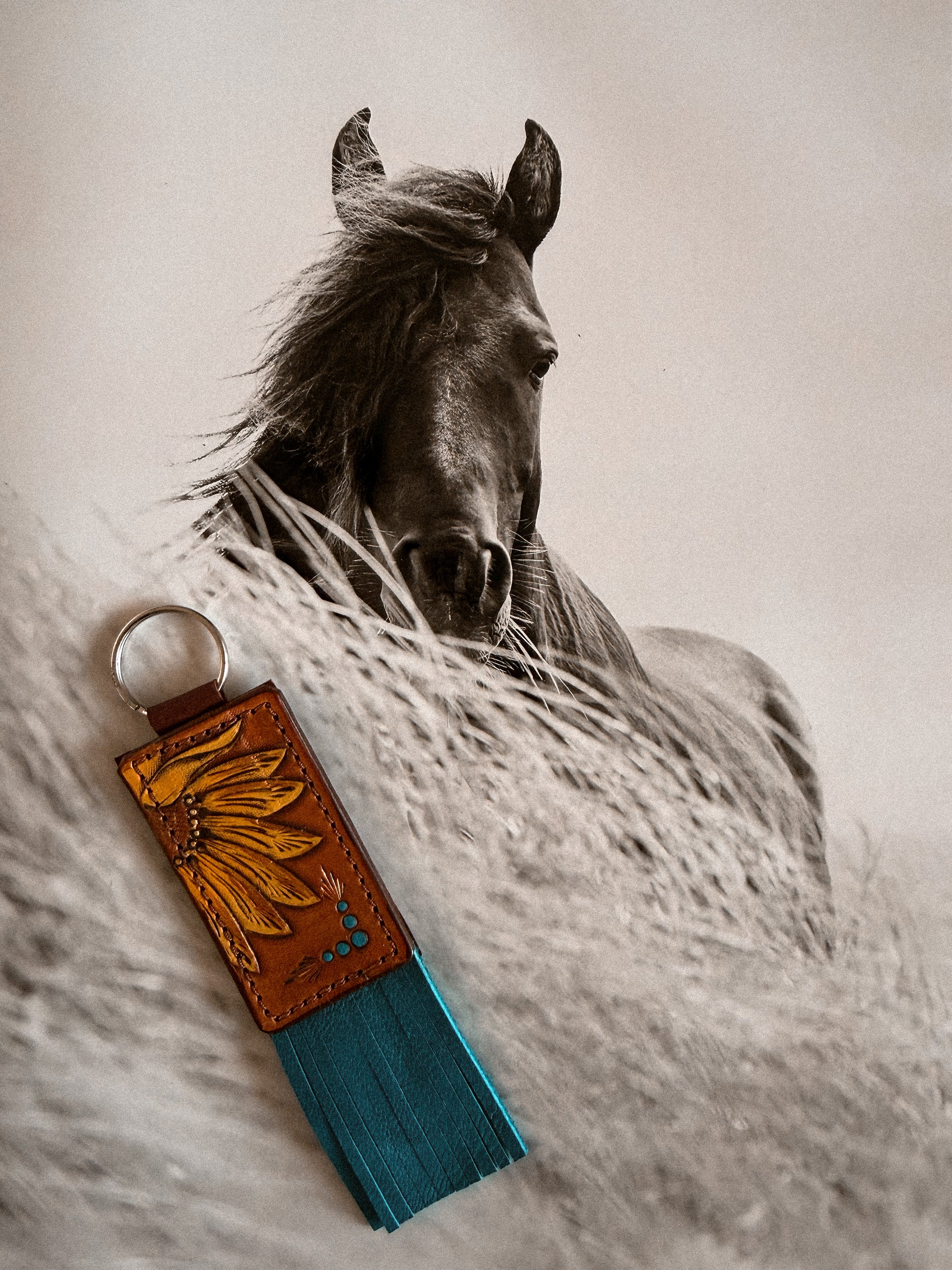 Leather Tooled Key Ring / SUNFLOWER