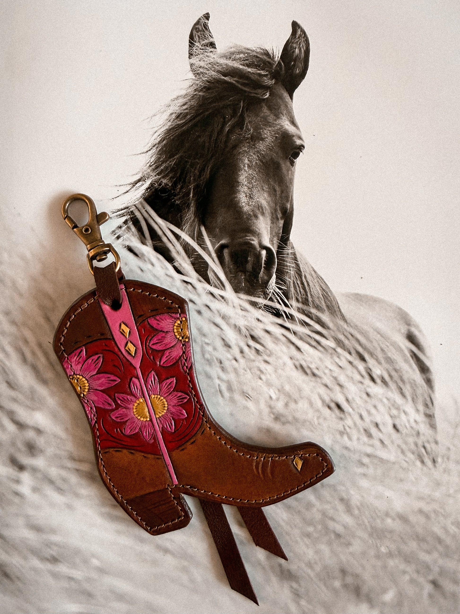 Large Tooled Leather Boot Keyring / PINK