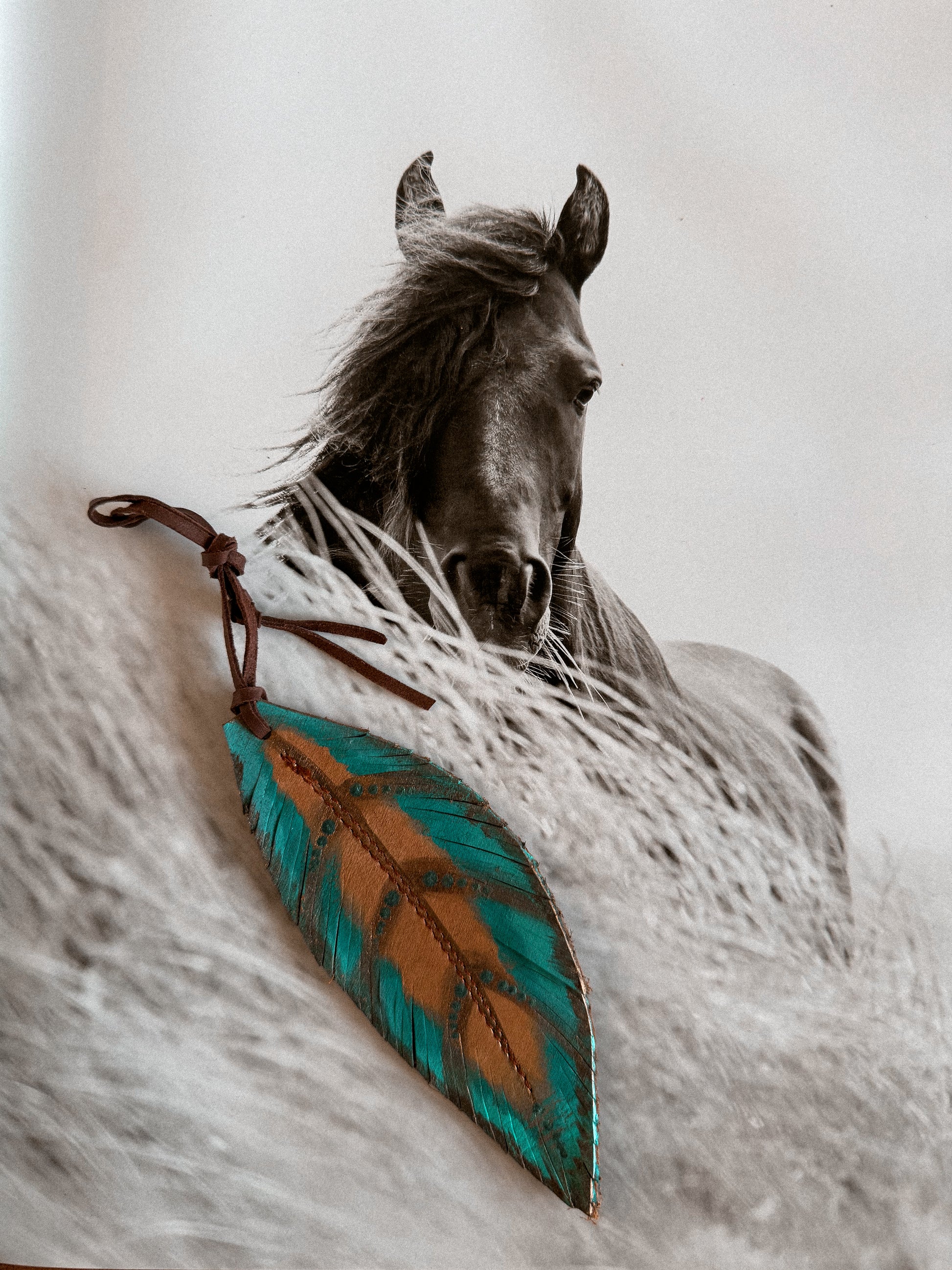 Genuine Leather Feather / TURQUOISE BROWN