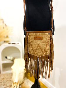 Wrangler Leather Fringe Jean Denim Pocket Crossbody / LIGHT BROWN