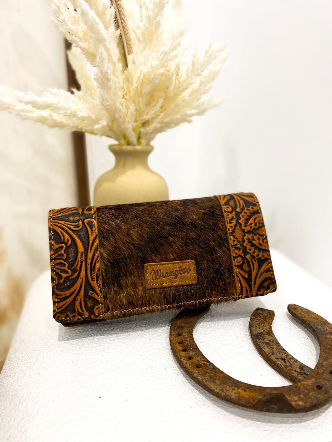 Wrangler Hair-On Cowhide Vintage Floral Tooled Wallet / BROWN #1
