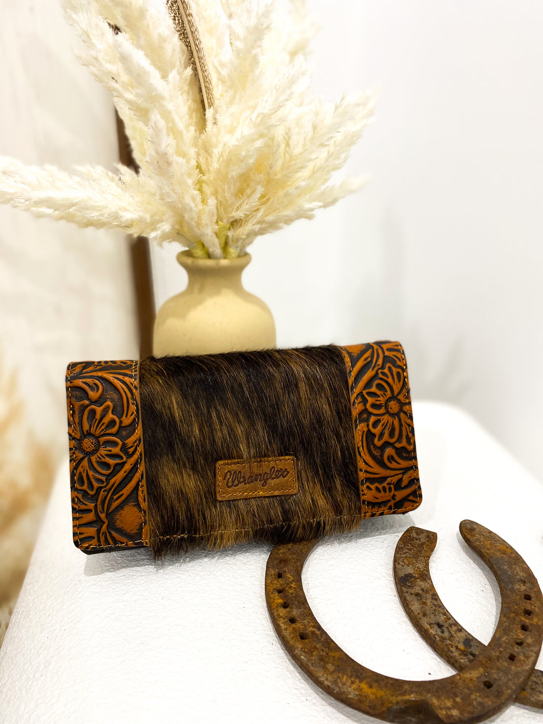 Wrangler Hair-On Cowhide Vintage Floral Tooled Wallet / BROWN #2