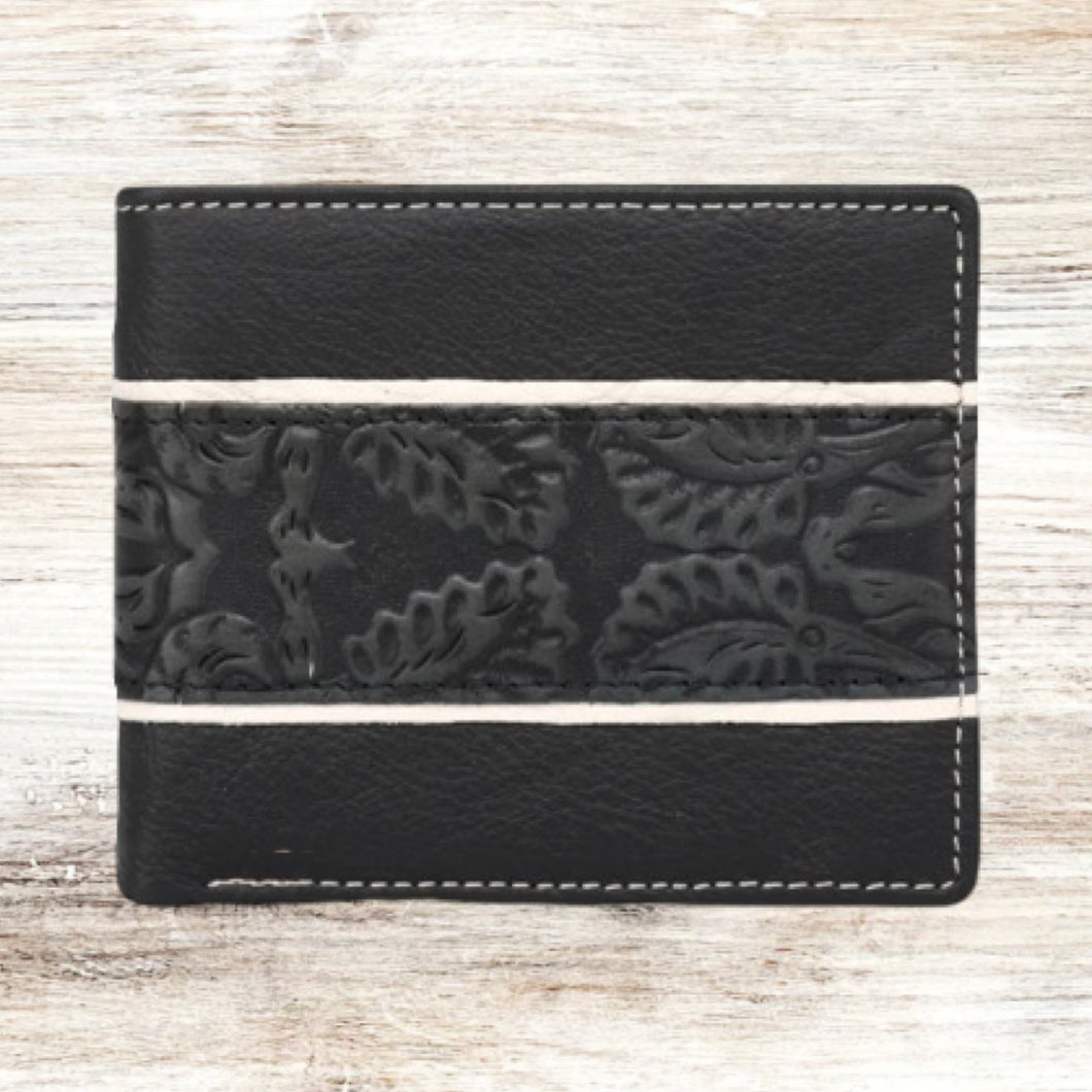 Genuine Leather Embossed Floral Men's Wallet / BLACK