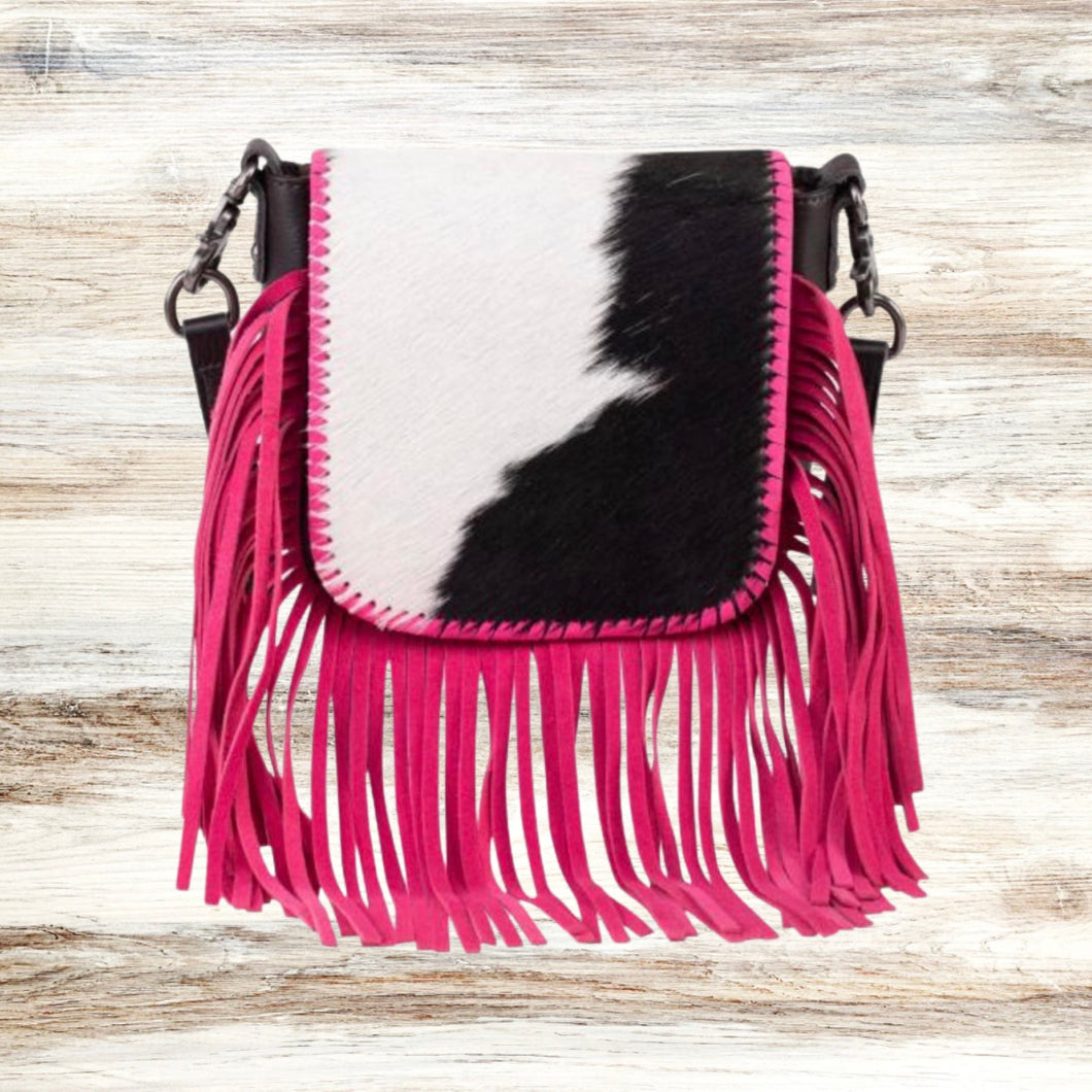 Montana West Genuine Leather Hair-On Collection Fringe Crossbody / PINK