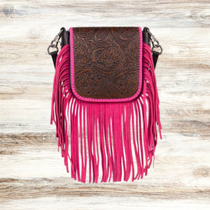 Montana West Genuine Leather Tooled Collection Fringe Crossbody / PINK